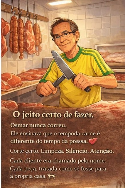 Osmar mais velho, com faca e camisa do Brasil, mostrando o ofício