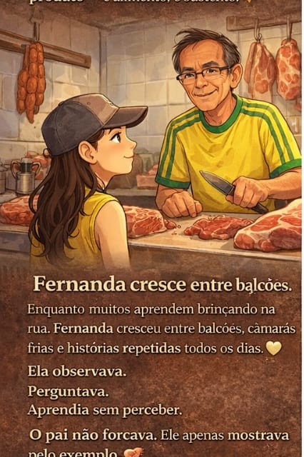 Fernanda criança com o pai no balcão do açougue